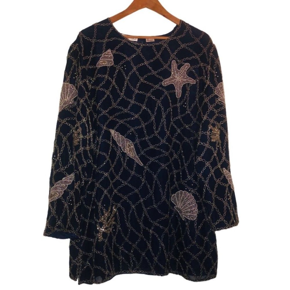 Vintage HARRISON MORGAN Sz 1X Women's Navy Silver Pearl Beaded Seashells Blouse